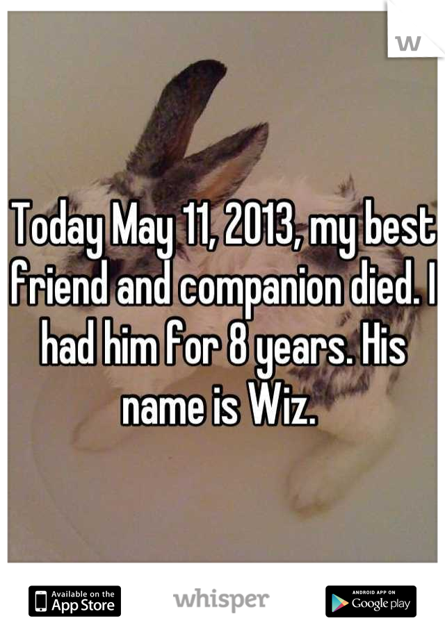 Today May 11, 2013, my best friend and companion died. I had him for 8 years. His name is Wiz. 