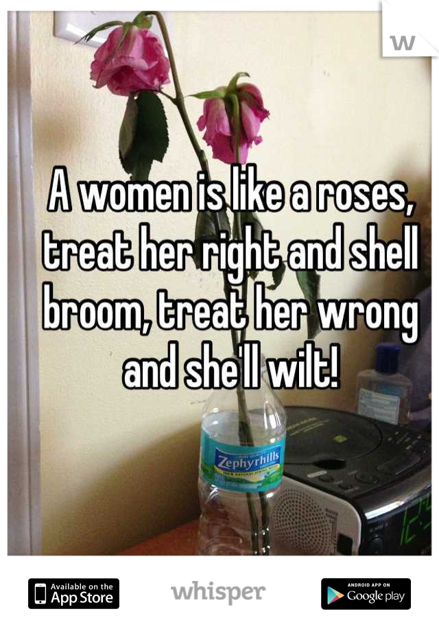 A women is like a roses, treat her right and shell broom, treat her wrong and she'll wilt!
