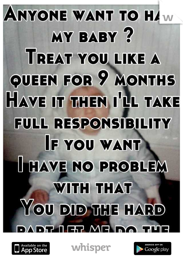 Anyone want to have my baby ?
Treat you like a queen for 9 months 
Have it then i'll take full responsibility 
If you want 
I have no problem with that 
You did the hard part let me do the rest 