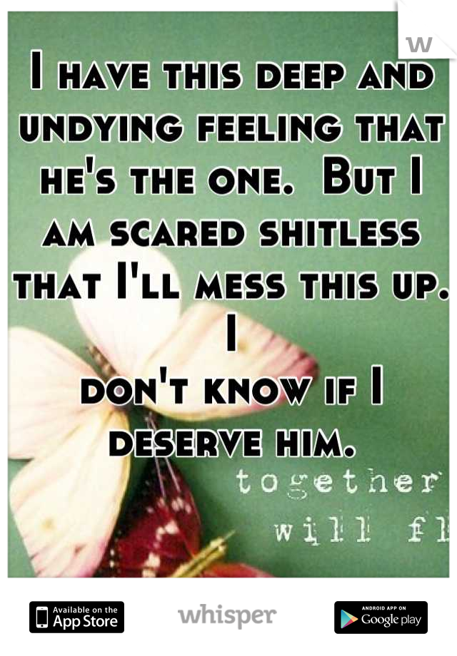 I have this deep and undying feeling that he's the one.  But I 
am scared shitless that I'll mess this up.  I 
don't know if I deserve him.