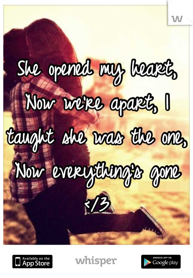 She opened my heart, Now we're apart, I taught she was the one, Now everything's gone </3