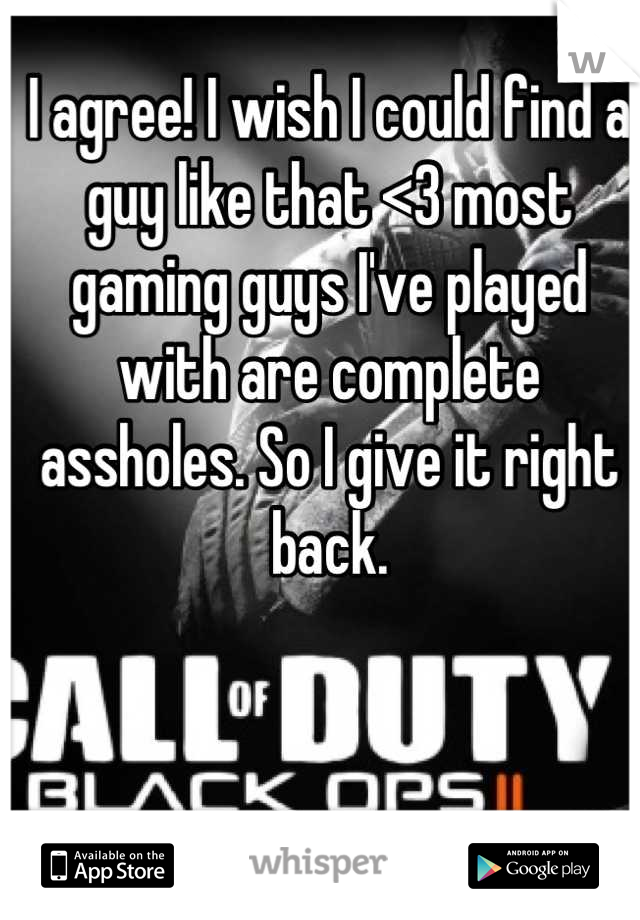 I agree! I wish I could find a guy like that <3 most gaming guys I've played with are complete assholes. So I give it right back.