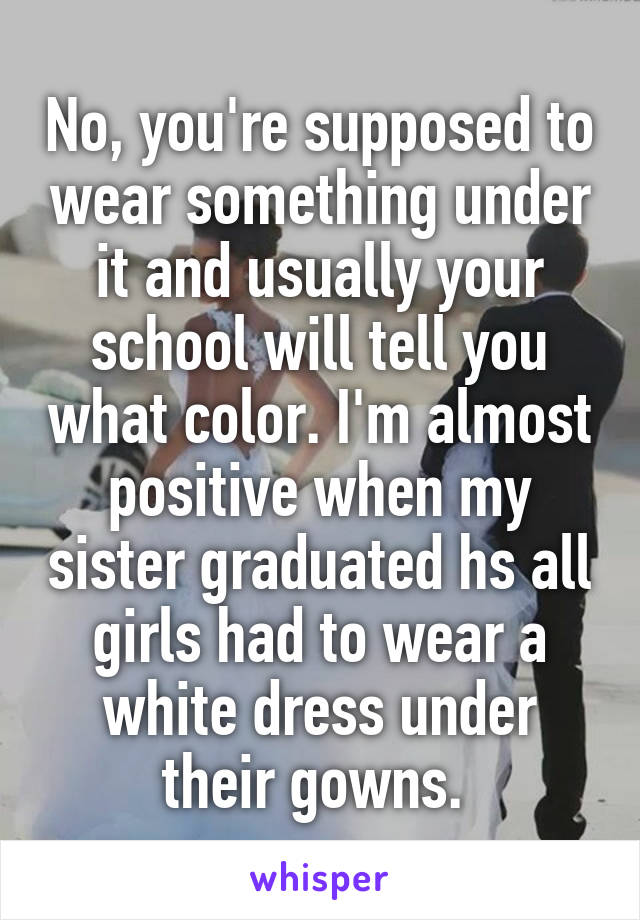 No, you're supposed to wear something under it and usually your school will tell you what color. I'm almost positive when my sister graduated hs all girls had to wear a white dress under their gowns. 