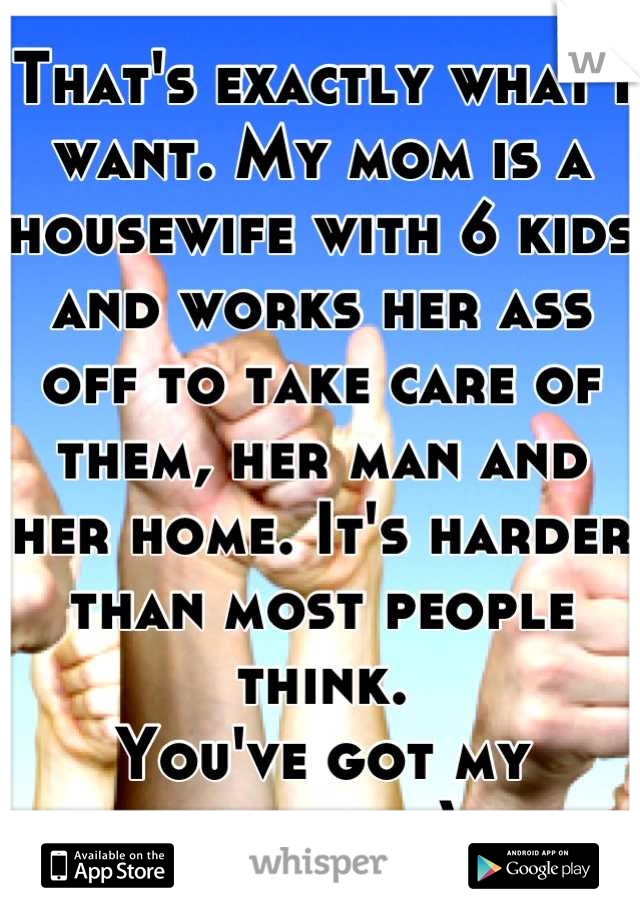 That's exactly what I want. My mom is a housewife with 6 kids and works her ass off to take care of them, her man and her home. It's harder than most people think. 
You've got my respect :)