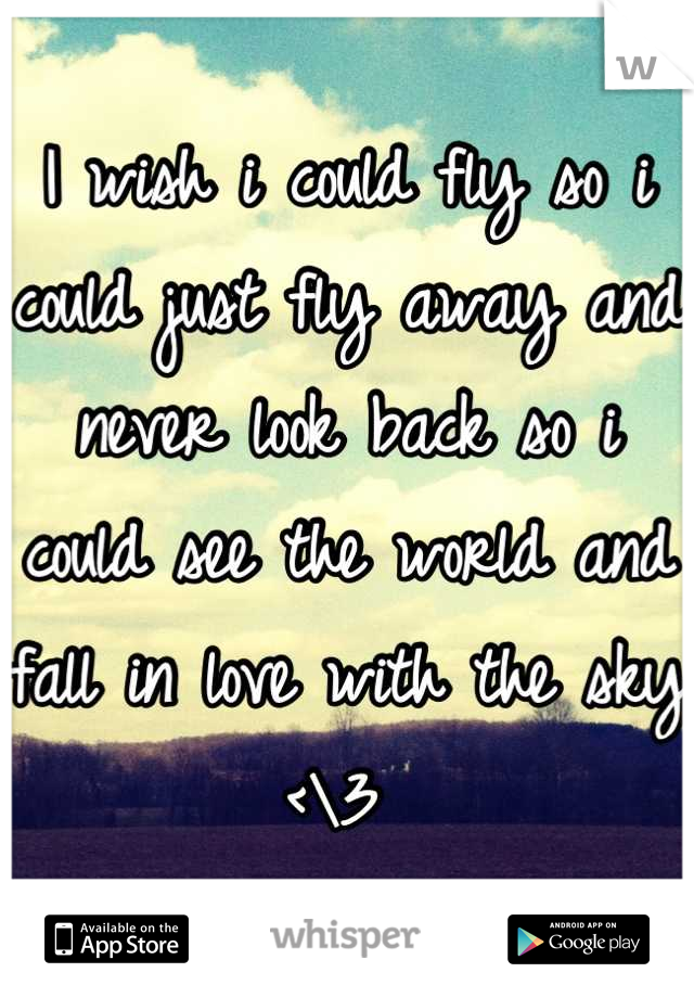 I wish i could fly so i could just fly away and never look back so i could see the world and fall in love with the sky <\3 