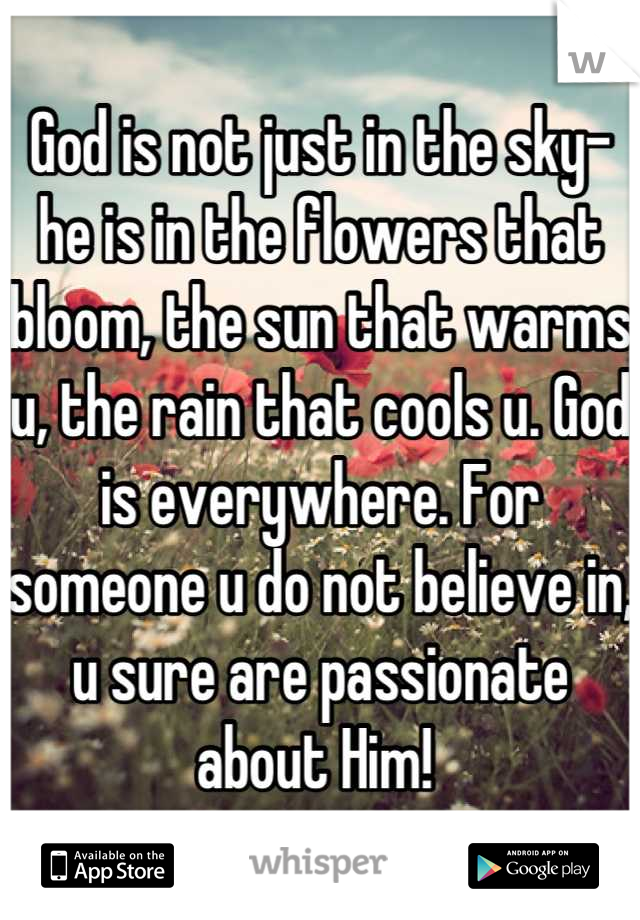 God is not just in the sky-he is in the flowers that bloom, the sun that warms u, the rain that cools u. God is everywhere. For someone u do not believe in, u sure are passionate about Him! 