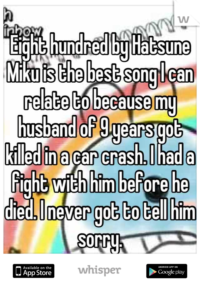 Eight hundred by Hatsune Miku is the best song I can relate to because my husband of 9 years got killed in a car crash. I had a  fight with him before he died. I never got to tell him sorry.