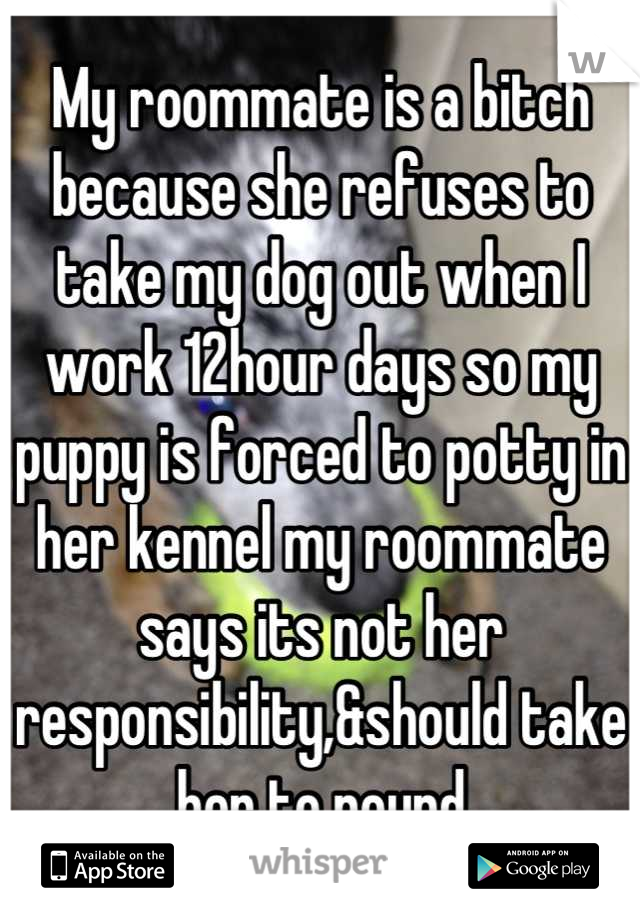 My roommate is a bitch because she refuses to take my dog out when I work 12hour days so my puppy is forced to potty in her kennel my roommate says its not her responsibility,&should take her to pound