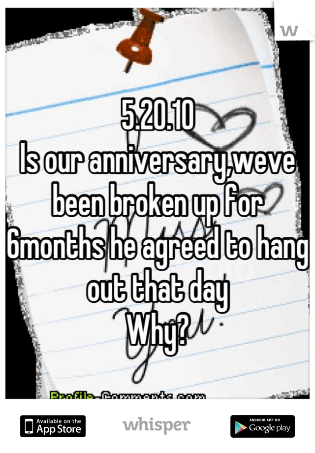 5.20.10
Is our anniversary,weve been broken up for 6months he agreed to hang out that day
Why?
