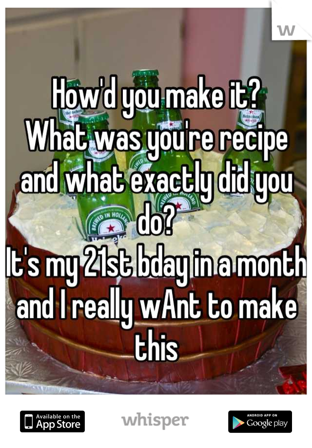 How'd you make it?
What was you're recipe and what exactly did you do?
It's my 21st bday in a month and I really wAnt to make this