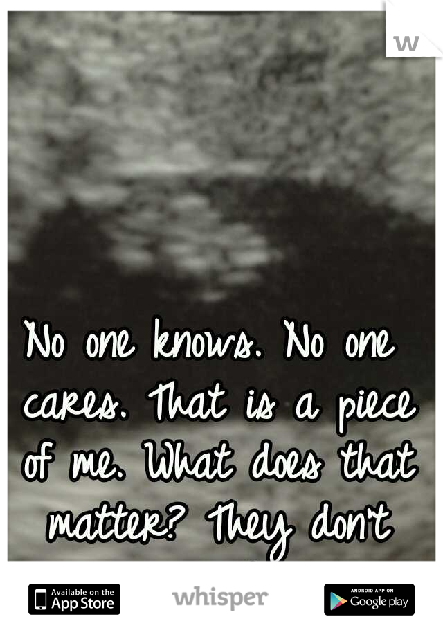 No one knows. No one cares. That is a piece of me. What does that matter? They don't even want me. 