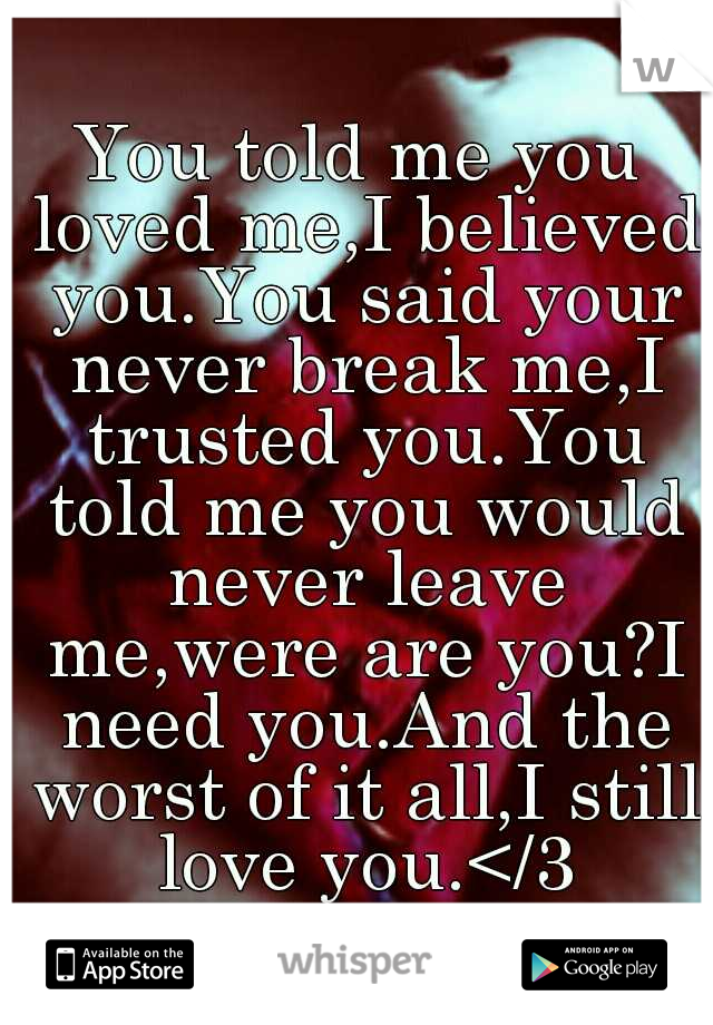 You told me you loved me,I believed you.You said your never break me,I trusted you.You told me you would never leave me,were are you?I need you.And the worst of it all,I still love you.</3
