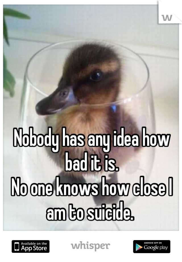 Nobody has any idea how bad it is. 
No one knows how close I am to suicide. 