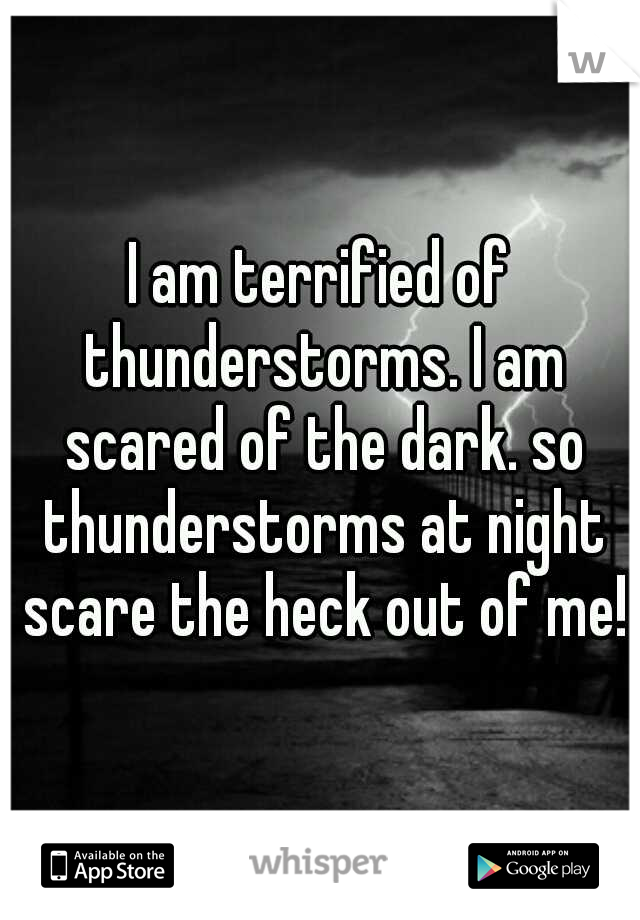I am terrified of thunderstorms. I am scared of the dark. so thunderstorms at night scare the heck out of me!