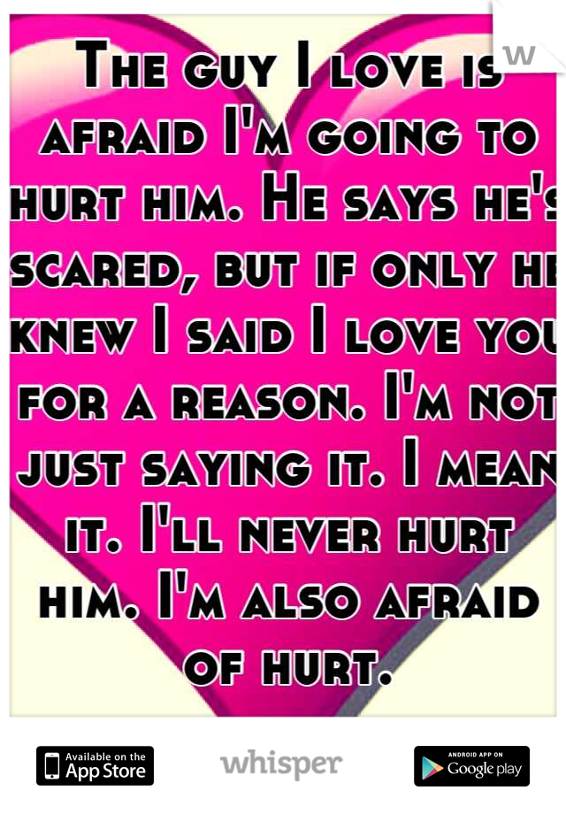 The guy I love is afraid I'm going to hurt him. He says he's scared, but if only he knew I said I love you for a reason. I'm not just saying it. I mean it. I'll never hurt him. I'm also afraid of hurt.