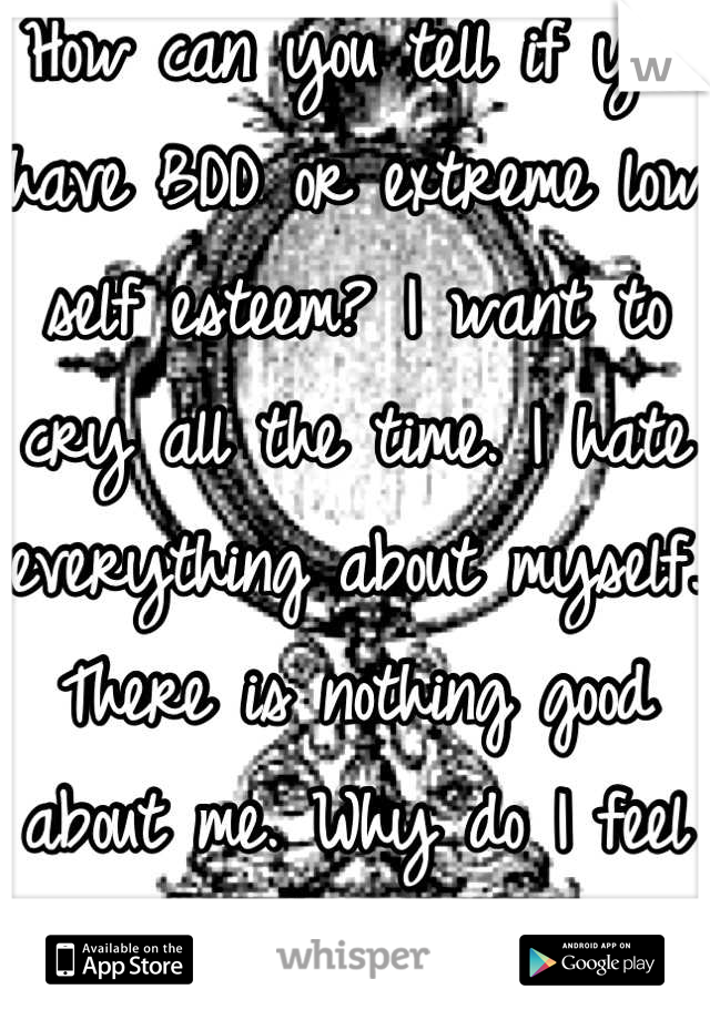 How can you tell if you have BDD or extreme low self esteem? I want to cry all the time. I hate everything about myself. There is nothing good about me. Why do I feel like this. Someone help me. 