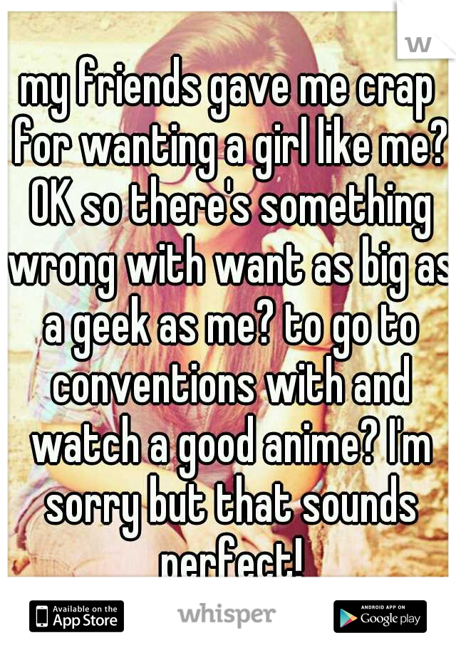 my friends gave me crap for wanting a girl like me? OK so there's something wrong with want as big as a geek as me? to go to conventions with and watch a good anime? I'm sorry but that sounds perfect!