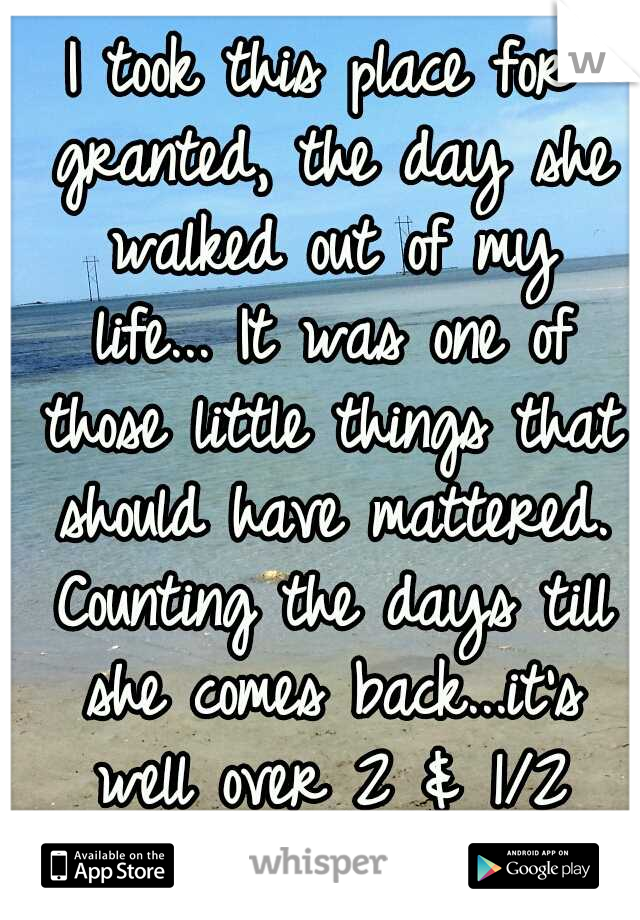 I took this place for granted, the day she walked out of my life...
It was one of those little things that should have mattered. Counting the days till she comes back...it's well over 2 & 1/2 years.