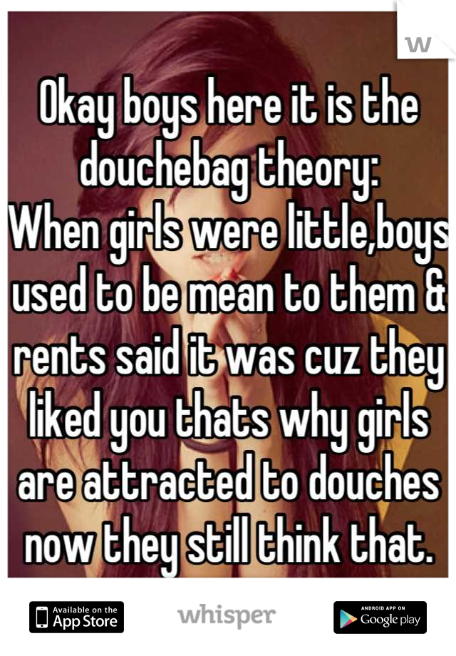 Okay boys here it is the douchebag theory:
When girls were little,boys used to be mean to them & rents said it was cuz they liked you thats why girls are attracted to douches now they still think that.