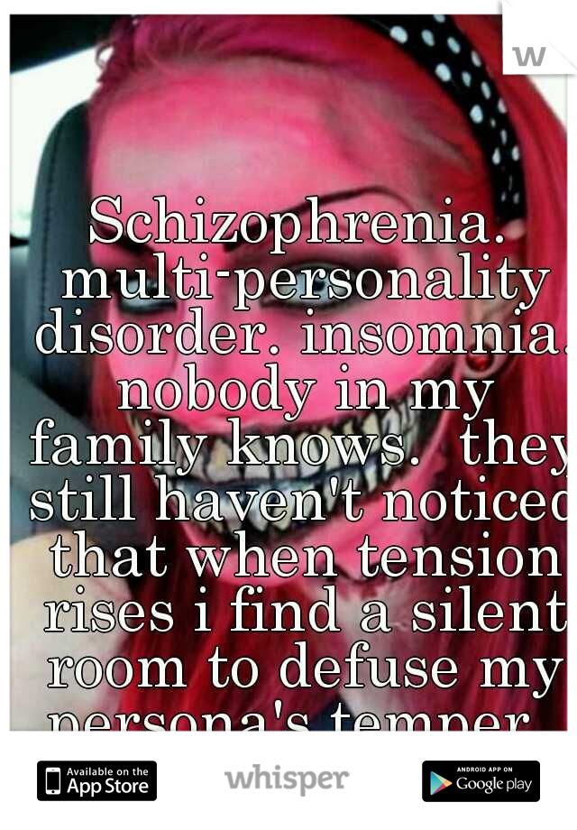 Schizophrenia. multi-personality disorder. insomnia. nobody in my family knows.  they still haven't noticed that when tension rises i find a silent room to defuse my persona's temper. 