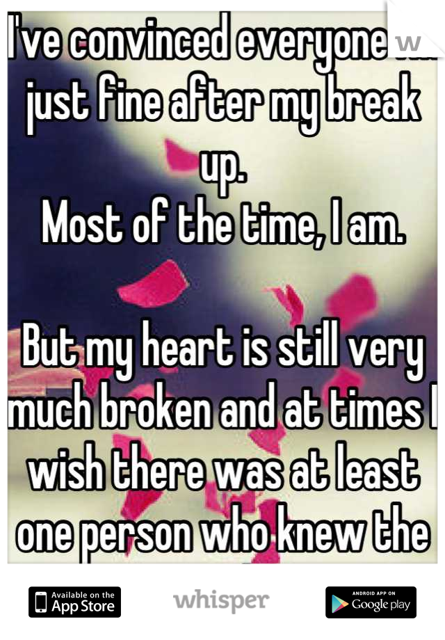 I've convinced everyone I'm just fine after my break up.
Most of the time, I am. 

But my heart is still very much broken and at times I wish there was at least one person who knew the truth. 