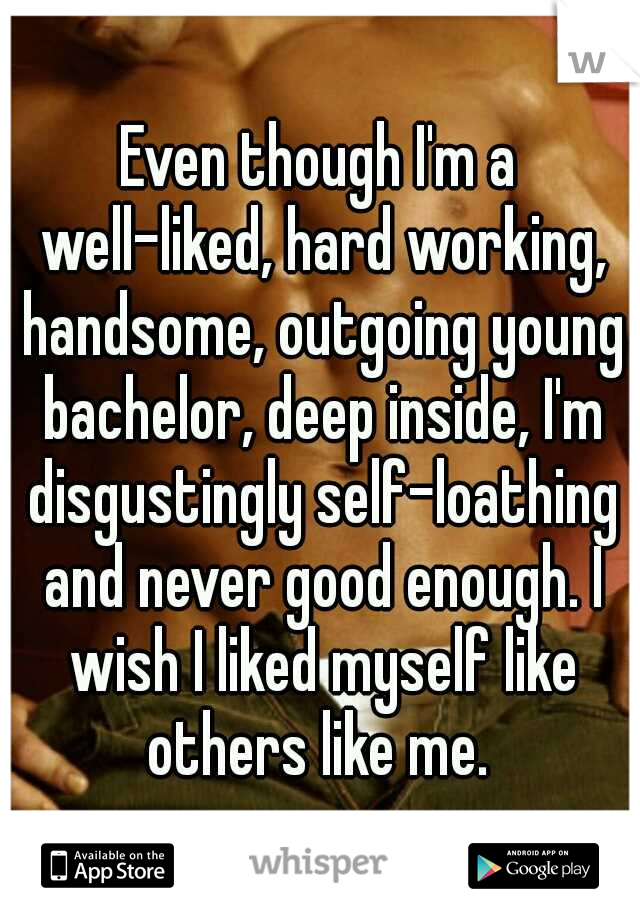 Even though I'm a well-liked, hard working, handsome, outgoing young bachelor, deep inside, I'm disgustingly self-loathing and never good enough. I wish I liked myself like others like me. 