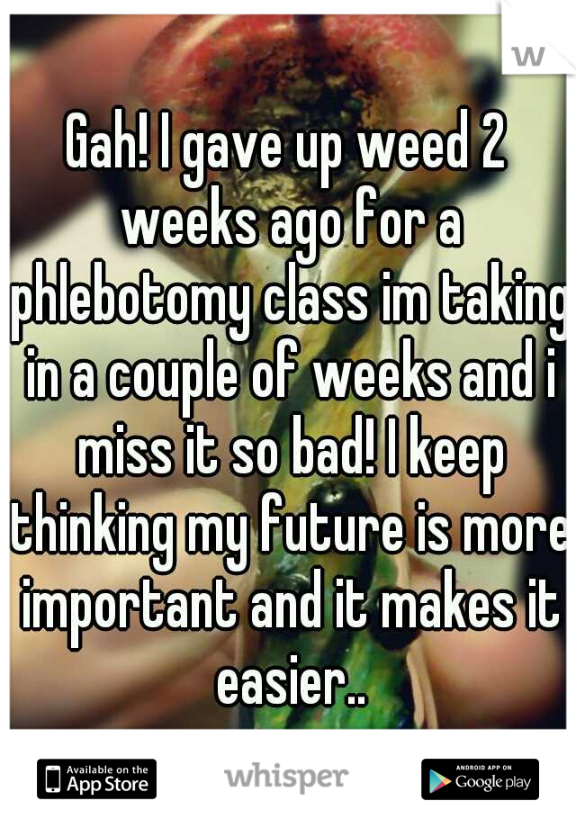 Gah! I gave up weed 2 weeks ago for a phlebotomy class im taking in a couple of weeks and i miss it so bad! I keep thinking my future is more important and it makes it easier..