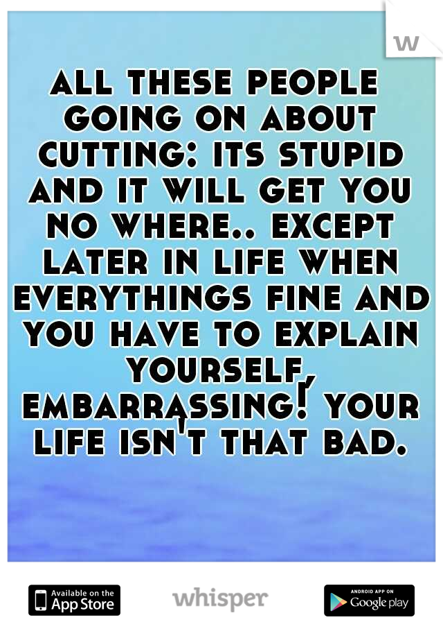 all these people going on about cutting: its stupid and it will get you no where.. except later in life when everythings fine and you have to explain yourself, embarrassing! your life isn't that bad.