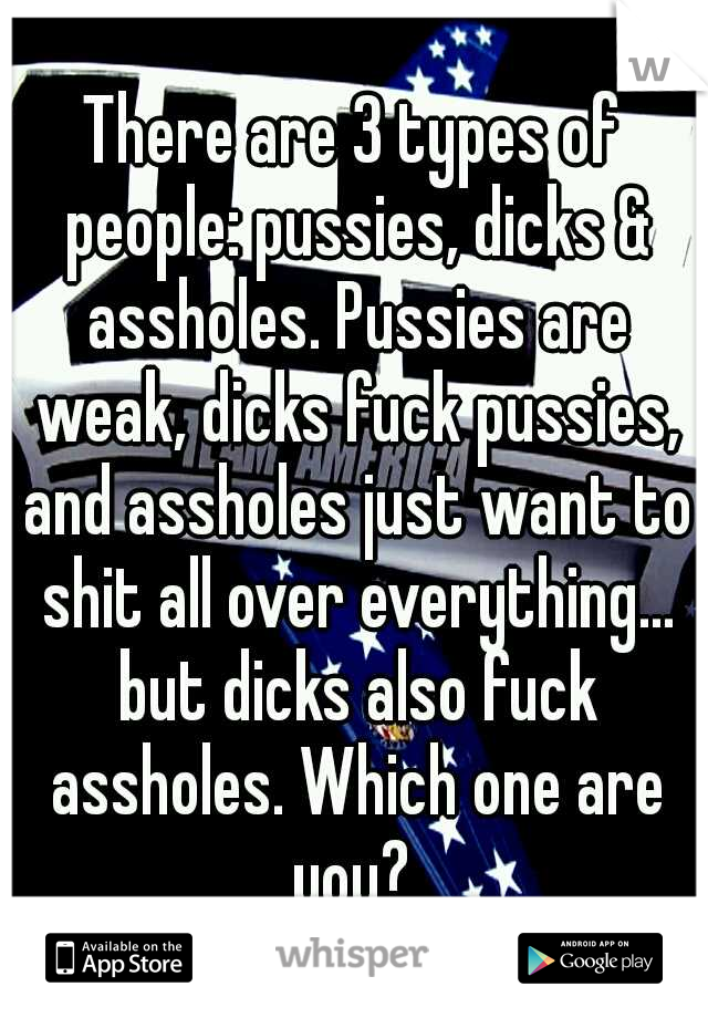 There are 3 types of people: pussies, dicks & assholes. Pussies are weak, dicks fuck pussies, and assholes just want to shit all over everything... but dicks also fuck assholes. Which one are you? 