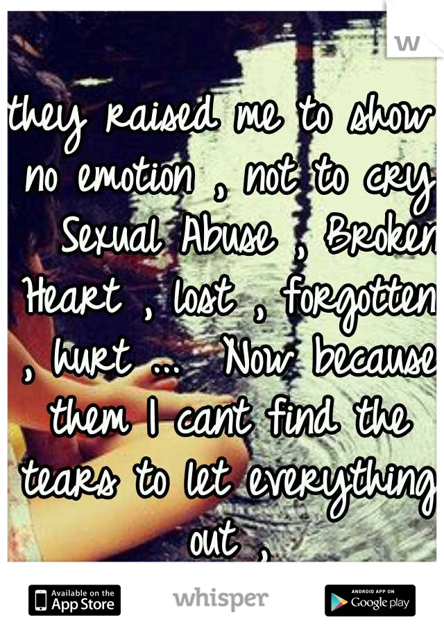 they raised me to show no emotion , not to cry 

Sexual Abuse , Broken Heart , lost , forgotten , hurt ...

Now because them I cant find the tears to let everything out ,