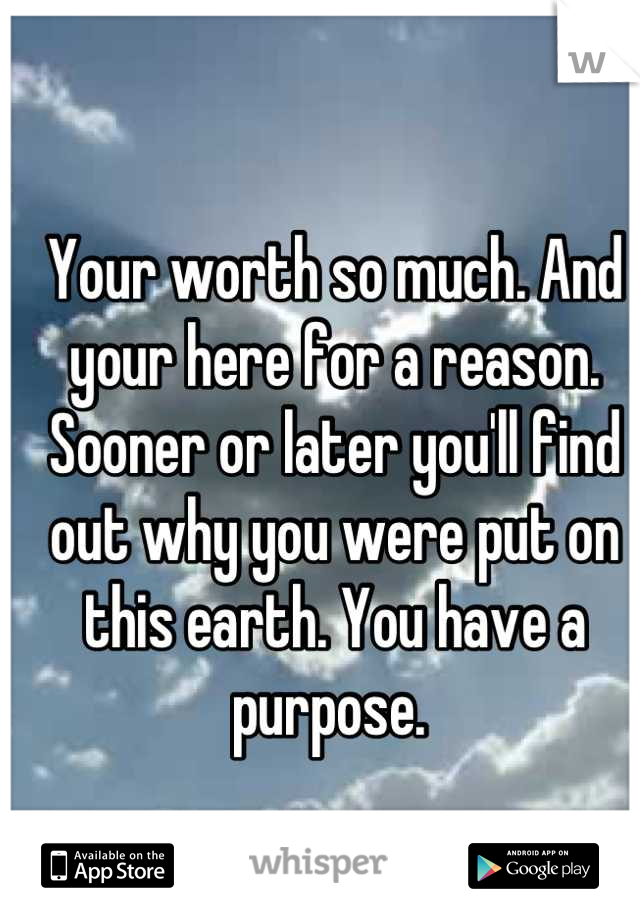 Your worth so much. And your here for a reason. Sooner or later you'll find out why you were put on this earth. You have a purpose. 