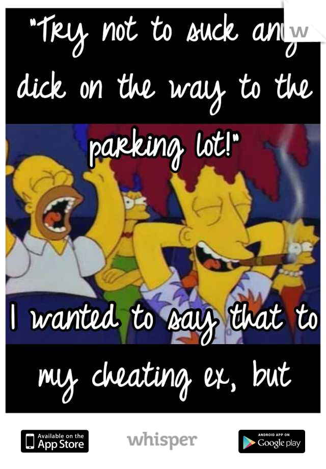 "Try not to suck any dick on the way to the parking lot!"


I wanted to say that to my cheating ex, but never got the chance. 