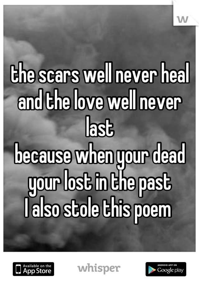 the scars well never heal 
and the love well never last
because when your dead
your lost in the past 
I also stole this poem 