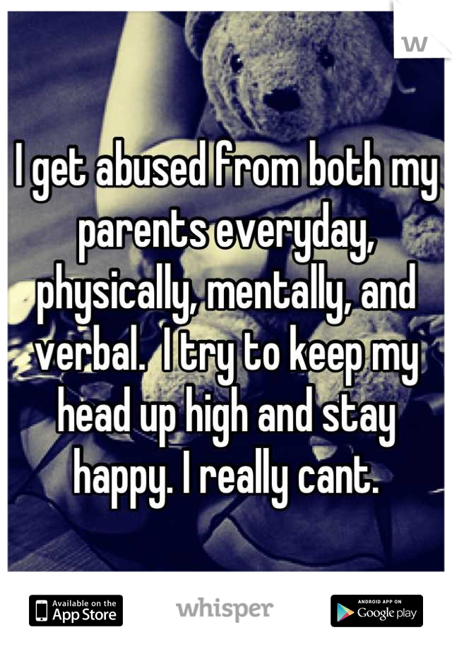 I get abused from both my parents everyday, physically, mentally, and verbal.  I try to keep my head up high and stay happy. I really cant.