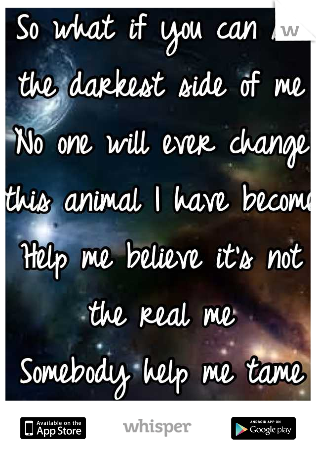 So what if you can see the darkest side of me
No one will ever change this animal I have become
Help me believe it's not the real me
Somebody help me tame this animal