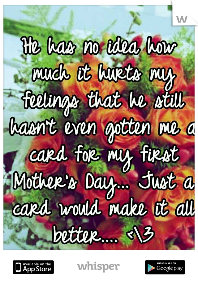 He has no idea how much it hurts my feelings that he still hasn't even gotten me a card for my first Mother's Day... Just a card would make it all better.... <\3