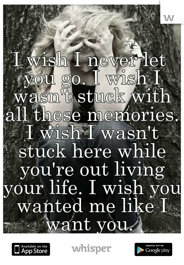 I wish I never let you go. I wish I wasn't stuck with all these memories. I wish I wasn't stuck here while you're out living your life. I wish you wanted me like I want you. 