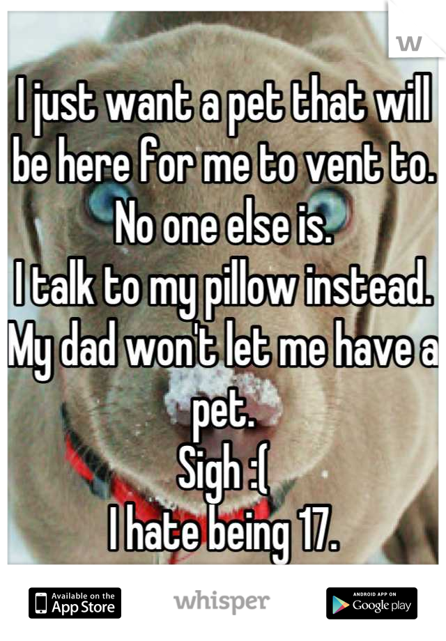 I just want a pet that will be here for me to vent to.
No one else is.
I talk to my pillow instead.
My dad won't let me have a pet.
Sigh :(
I hate being 17.