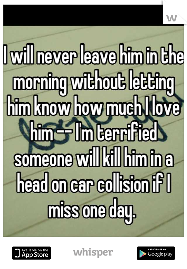 I will never leave him in the morning without letting him know how much I love him -- I'm terrified someone will kill him in a head on car collision if I miss one day. 