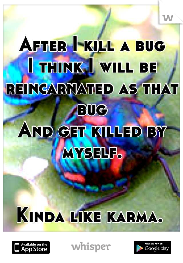 After I kill a bug
I think I will be reincarnated as that bug
And get killed by myself. 


Kinda like karma. 