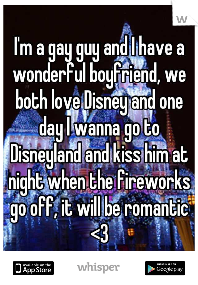 I'm a gay guy and I have a wonderful boyfriend, we both love Disney and one day I wanna go to Disneyland and kiss him at night when the fireworks go off, it will be romantic <3