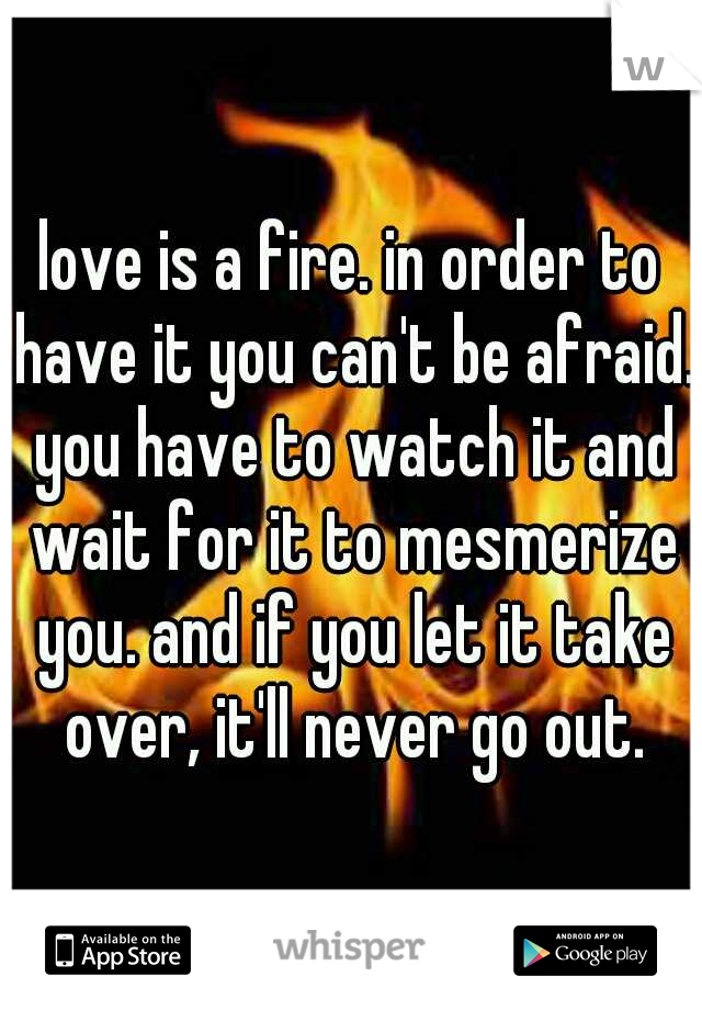 love is a fire. in order to have it you can't be afraid. you have to watch it and wait for it to mesmerize you. and if you let it take over, it'll never go out.