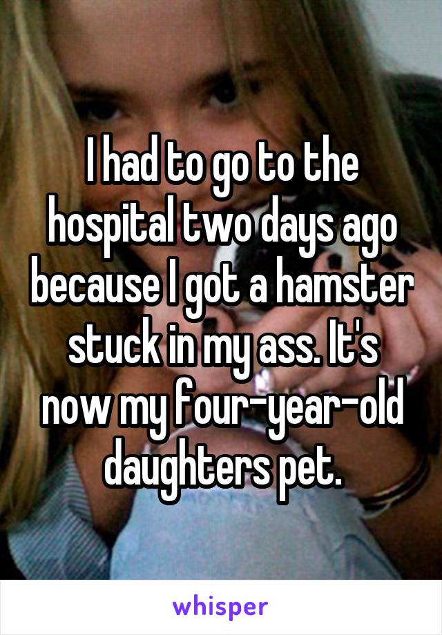 I had to go to the hospital two days ago because I got a hamster stuck in my ass. It's now my four-year-old daughters pet.