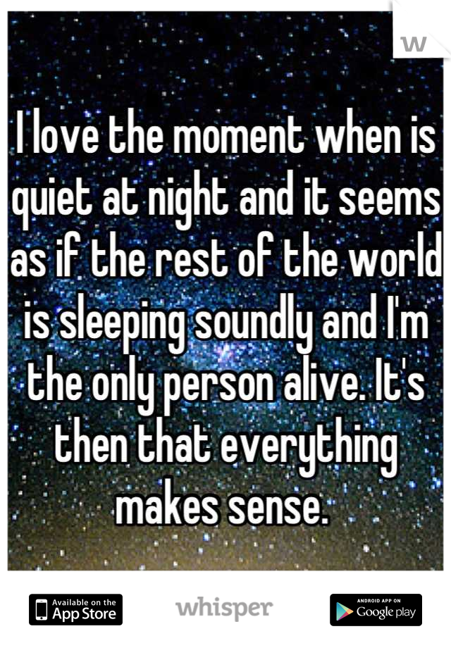 I love the moment when is quiet at night and it seems as if the rest of the world is sleeping soundly and I'm the only person alive. It's then that everything makes sense. 