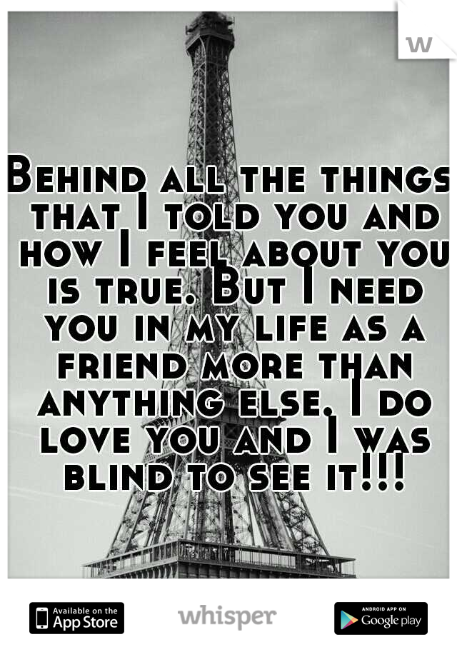 Behind all the things that I told you and how I feel about you is true. But I need you in my life as a friend more than anything else. I do love you and I was blind to see it!!!