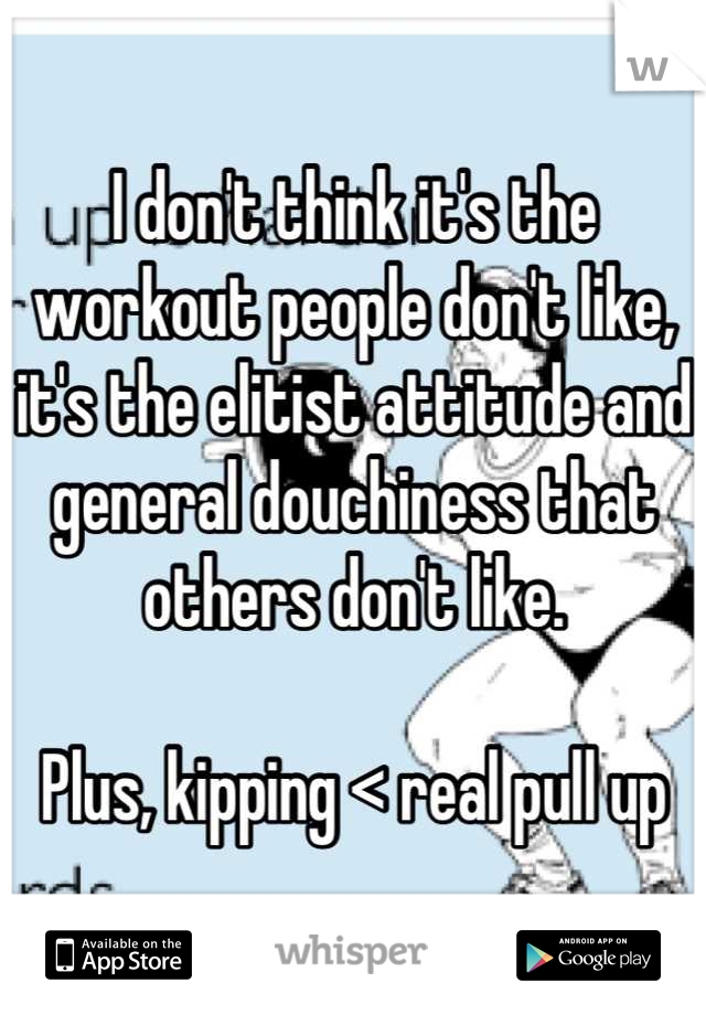 I don't think it's the workout people don't like, it's the elitist attitude and general douchiness that others don't like. 

Plus, kipping < real pull up