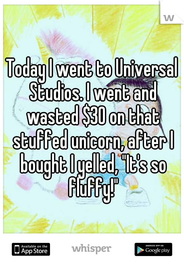 Today I went to Universal Studios. I went and wasted $30 on that stuffed unicorn, after I bought I yelled, "It's so fluffy!"