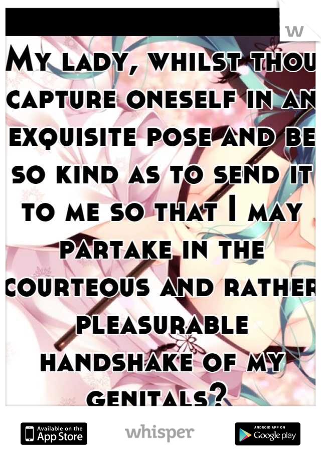 My lady, whilst thou capture oneself in an exquisite pose and be so kind as to send it to me so that I may partake in the courteous and rather pleasurable handshake of my genitals? 