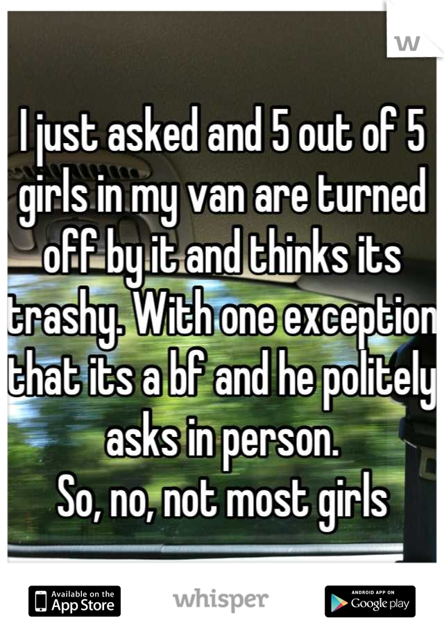 I just asked and 5 out of 5 girls in my van are turned off by it and thinks its trashy. With one exception that its a bf and he politely asks in person. 
So, no, not most girls