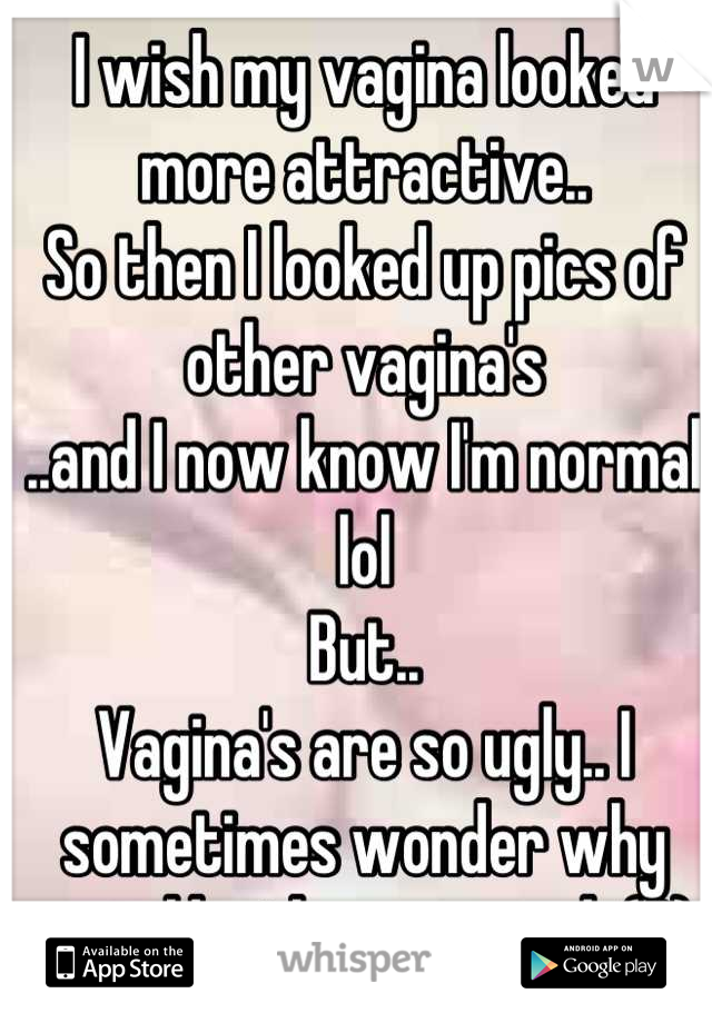 I wish my vagina looked more attractive..
So then I looked up pics of other vagina's
..and I now know I'm normal lol
But..
Vagina's are so ugly.. I sometimes wonder why guys like them so much (?)